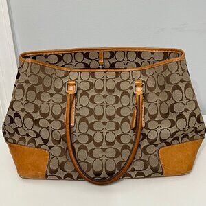 Authentic Coach Signature Tote Bag Tan Leather Monogram Tan Leather Handles